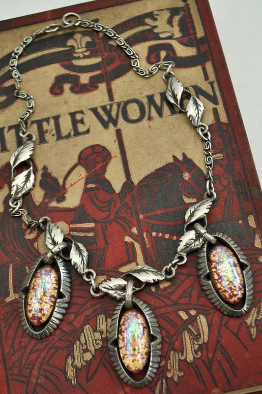 vintage 40s foil glass, fire opal pendant necklace
