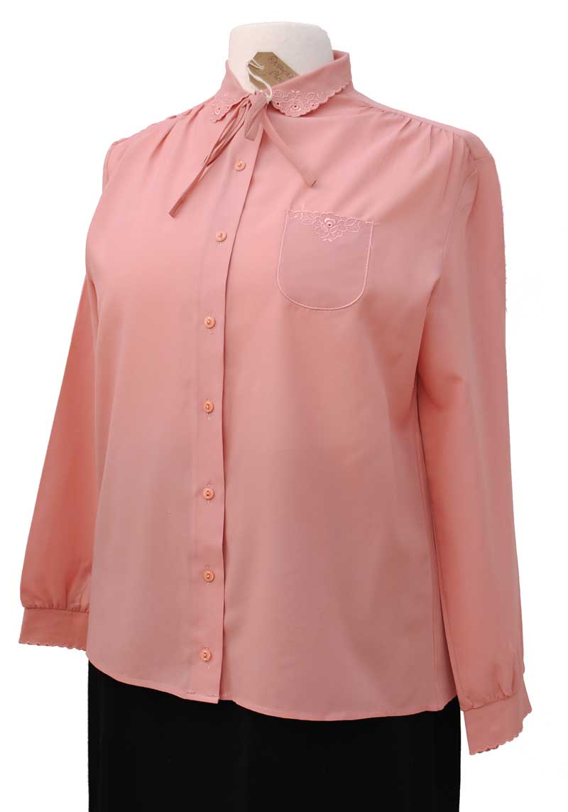 dusky pink 40s style officewear long sleeve blouse with embroidered cutaway collar and cuffs