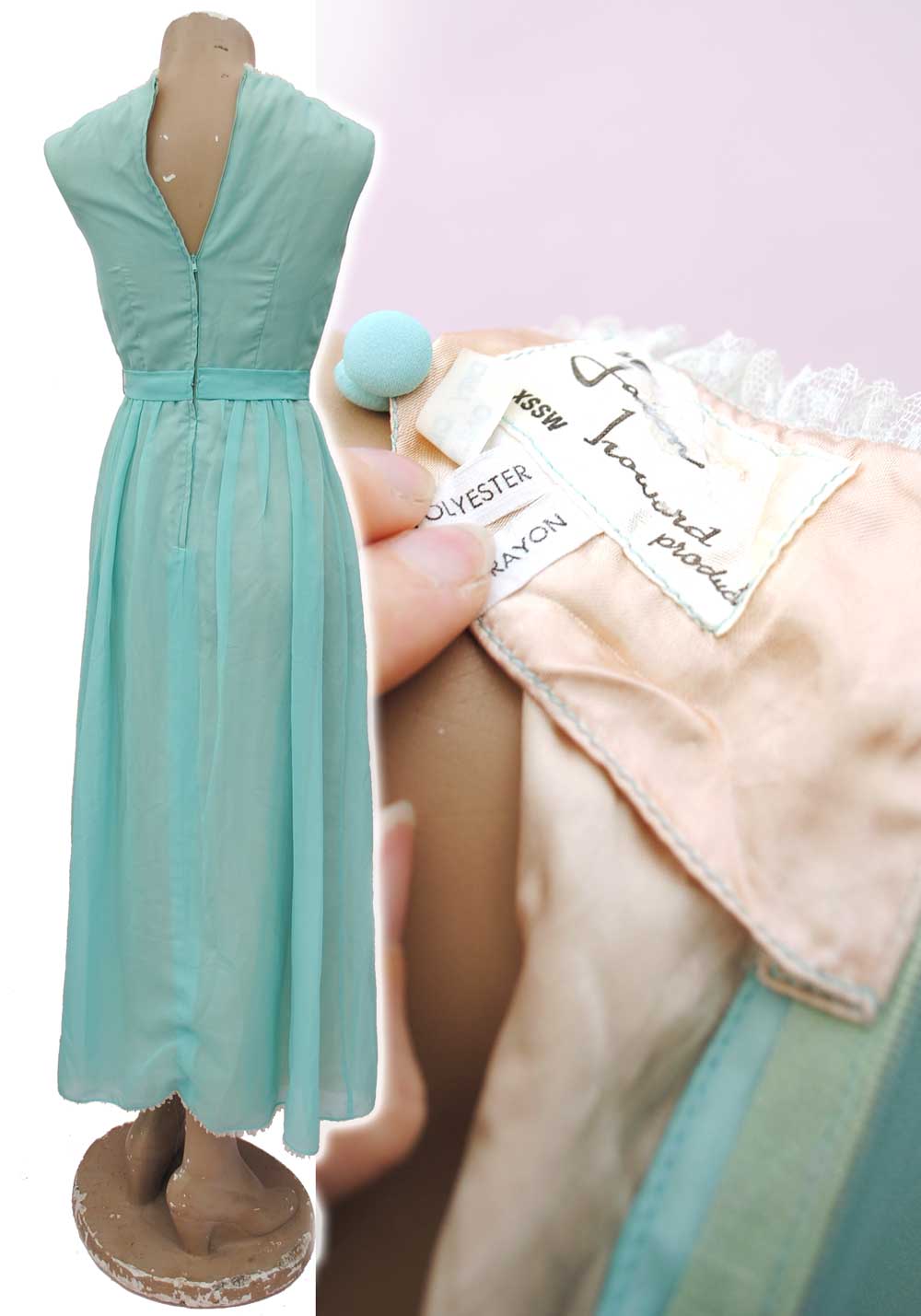 1960s Vintage Seafoam Green Chiffon Prom Dress • Evening Gown