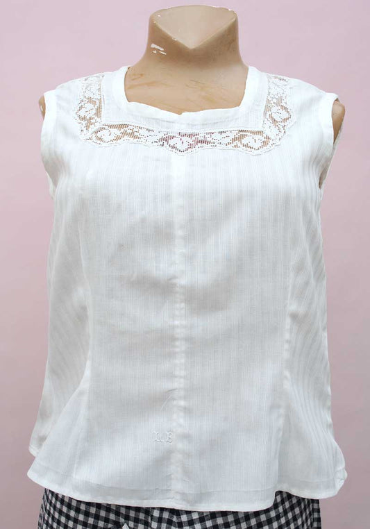 edwardian white linen chemise sleeveless top with embroidery monogrammed initials L.B. and crochet lace detailing.