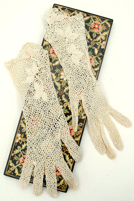 Vintage Edwardian long crochet net ivory day gloves • 3" Finger