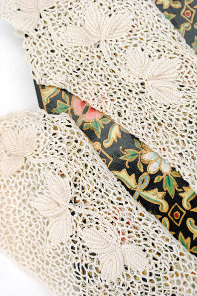 Vintage Edwardian long crochet net ivory day gloves • 3" Finger
