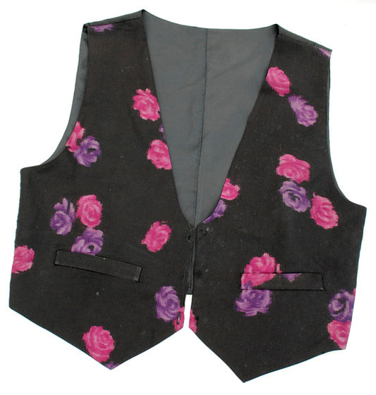 1970s Vintage Waistcoat Black with Pink Flowers 42"