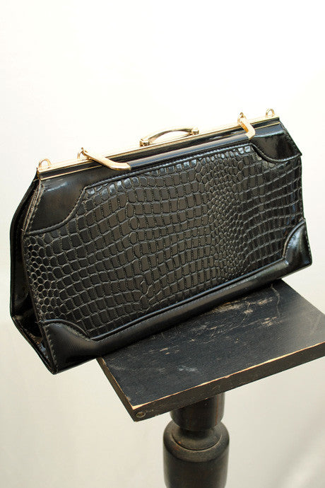 1950s Vintage Black Faux Crocodile Vinyl Handbag Metal Handle