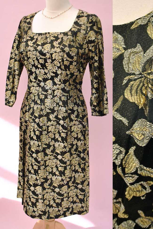 1960s Vintage Black & Gold Satin Brocade Wiggle Cocktail Dress