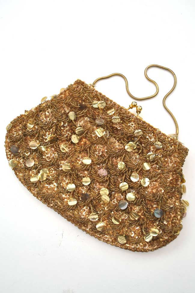 Gold Lame Hand Beaded Purse Formal Evening Bag Vintage Beaded