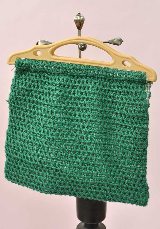 Vintage Green Crochet & Gingham Knitting Bag • Plastic handles