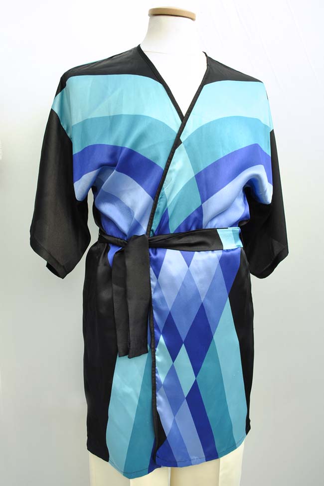 vintage playboy kimono robe made by gottex for harrods in dynamic blue and black geometric shapes