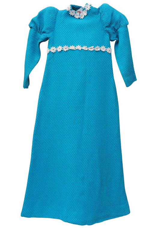 little girls vintage turquoise bridesmaid maxi dress in a medieval style with leg of mutton sleeves, made with a waffle fabric