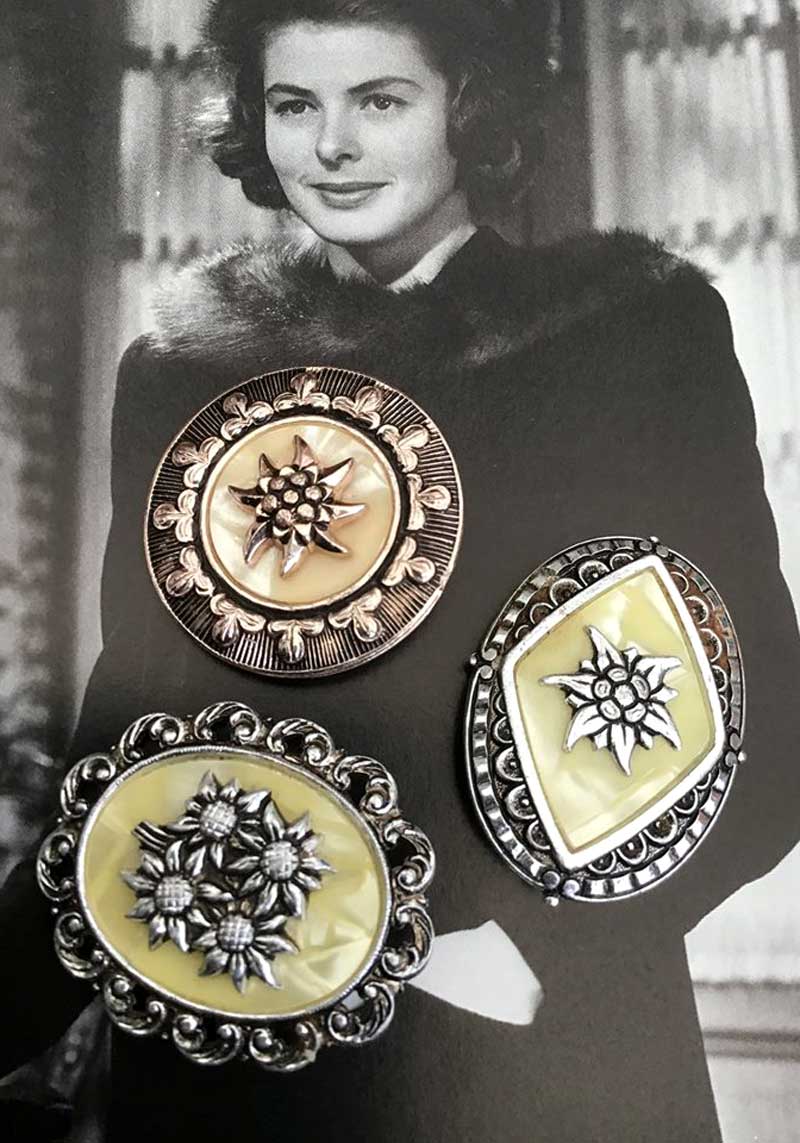 vintage pearl lucite eidelweiss souvenir scarf clips