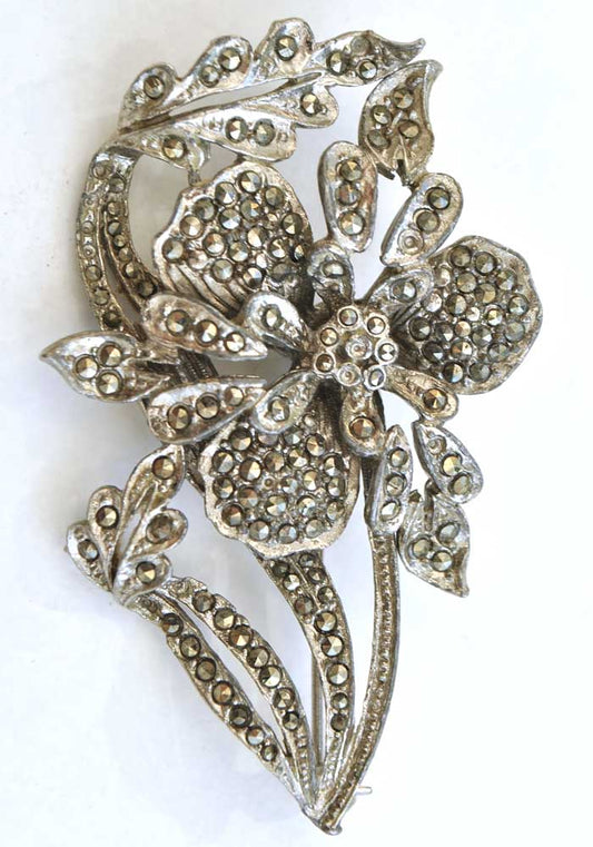 art deco marcasite flower pin brooch