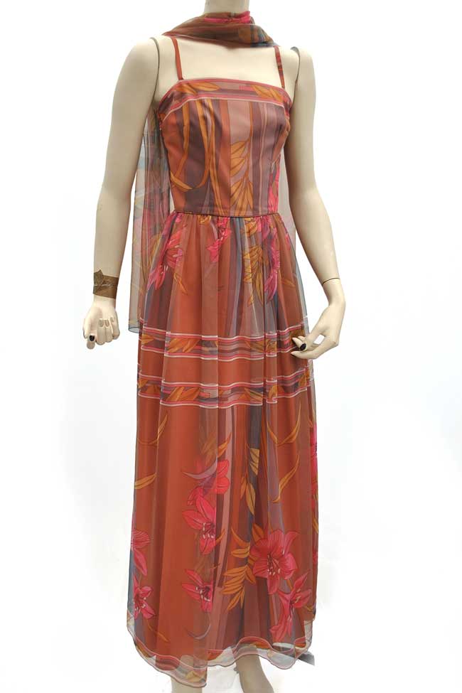 1960s Vintage Marian Russell Chiffon Evening Gown • XS • Psychedelic • Maxi Dress