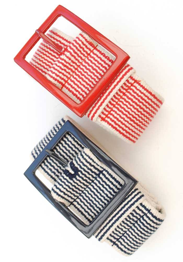 nautical striped canvas belt in either red or blue and white with enamel buckle