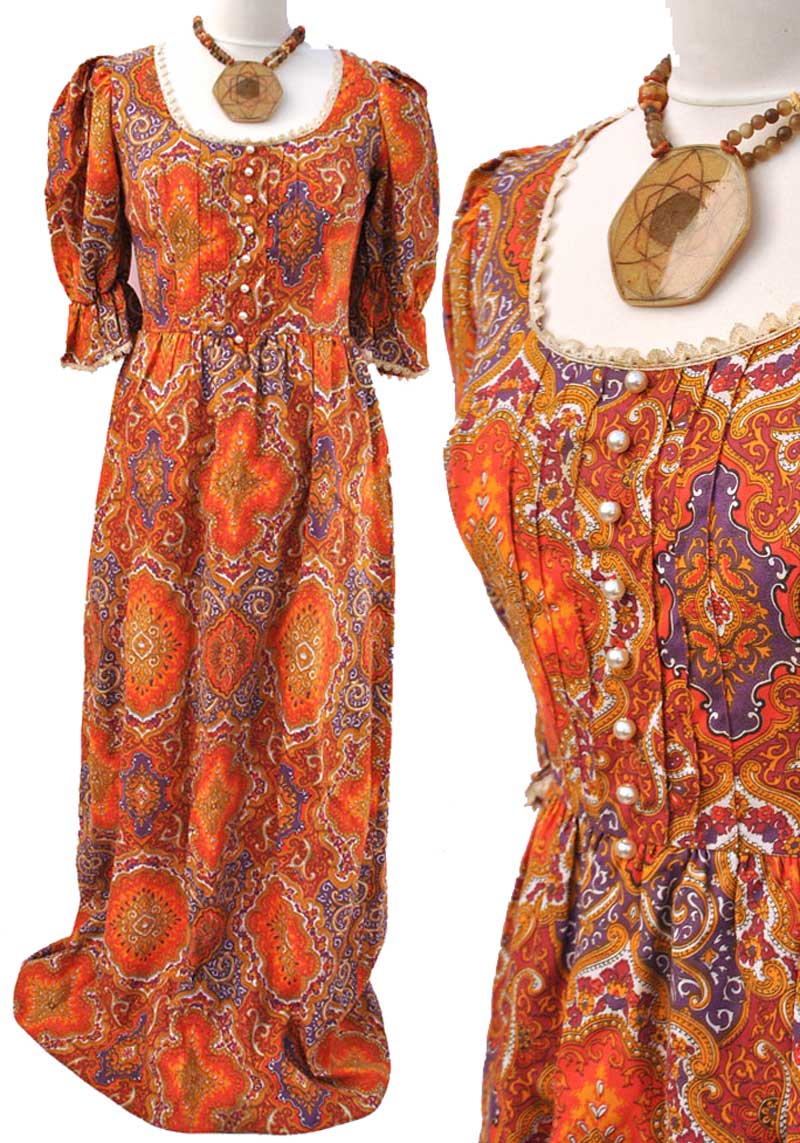 vintage 60s orange psychedelic maxi dress by bernshaw
