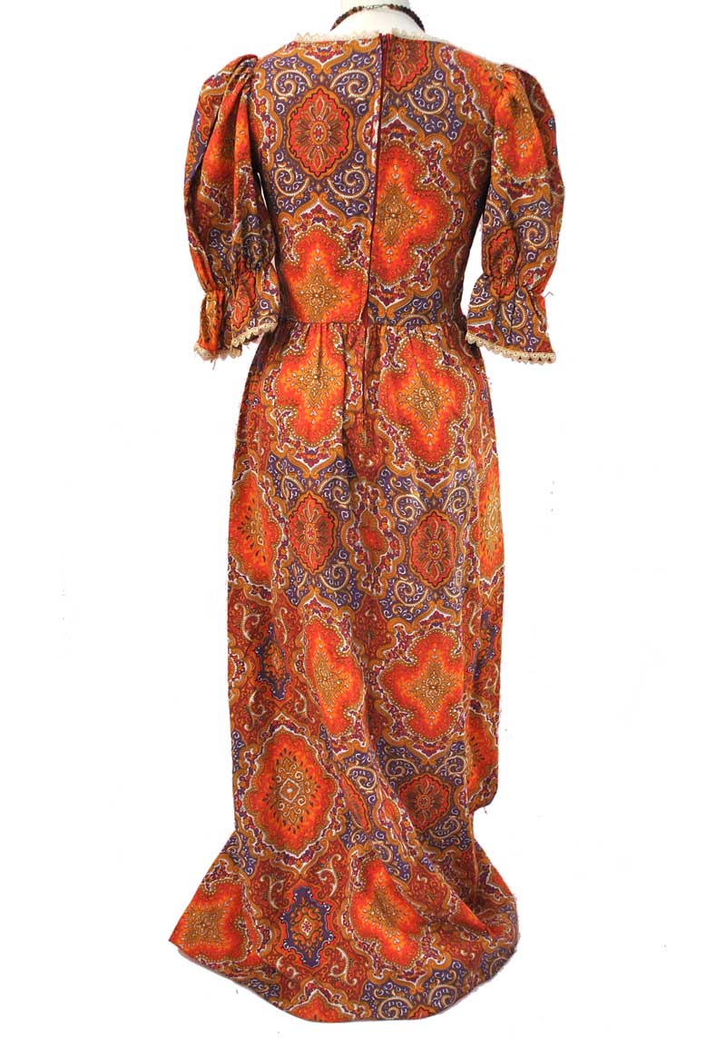 1970s Vintage Orange Psychedelic Boho Maxi Dress • Puffed Sleeves • Festival Dress