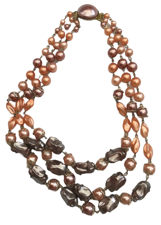 Vintage 1950s Peach Carnival Lustre Bead Necklace • Triple Strand