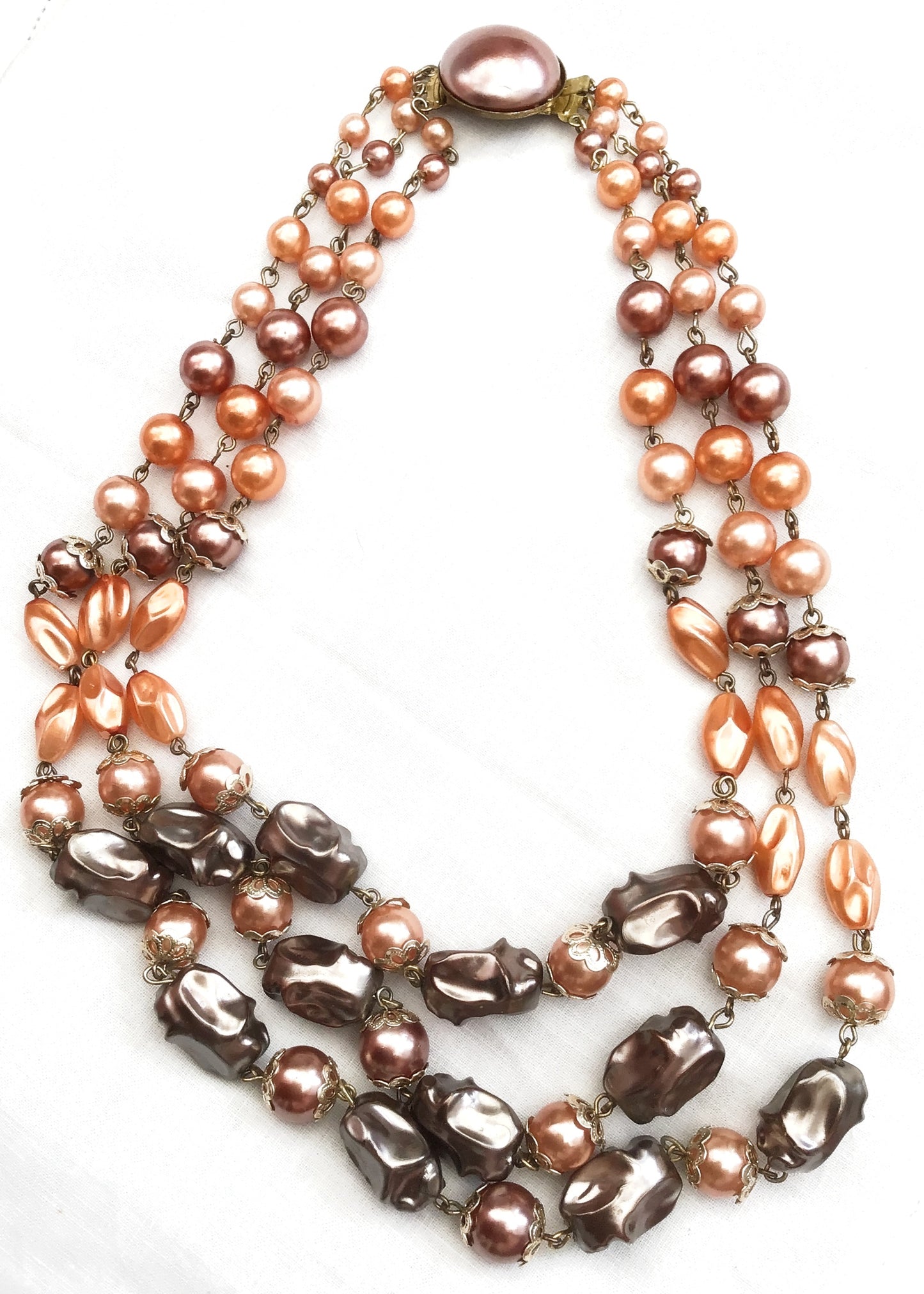 Vintage 1950s Peach Carnival Lustre Bead Necklace • Triple Strand