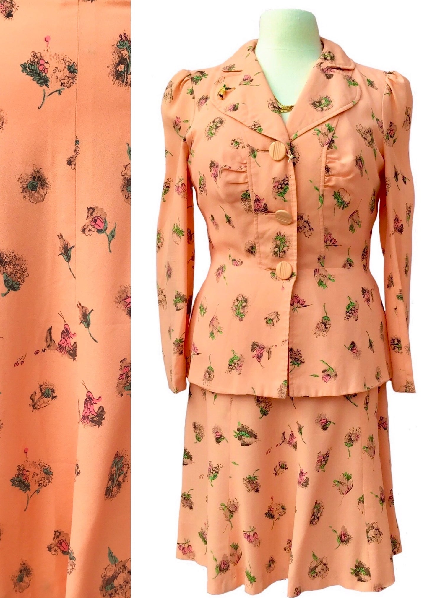 stunning vintage peach floral crepe skirt suit 1970s does 1940s, 30 inch waist