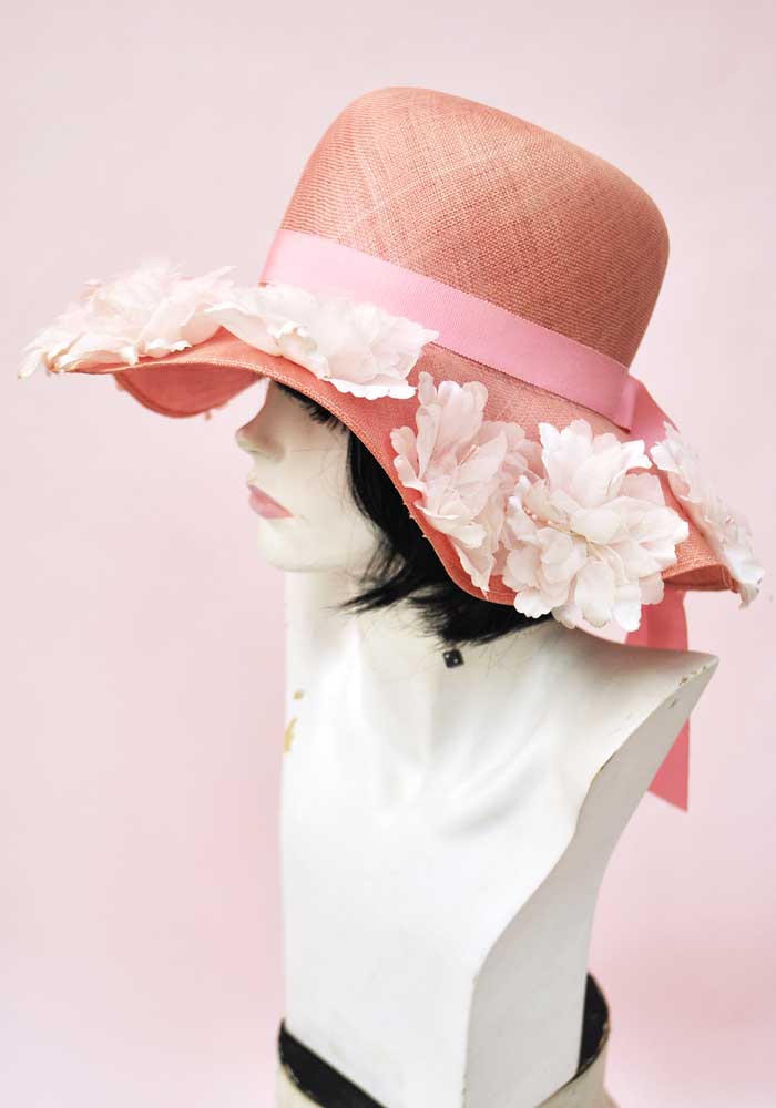 Vintage 60s Pink Straw Floppy Wide Brim Hat with Flowers • Wedding Hat