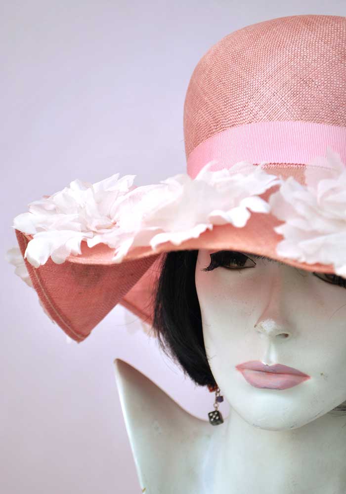 Vintage 60s Pink Straw Floppy Wide Brim Hat with Flowers • Wedding Hat