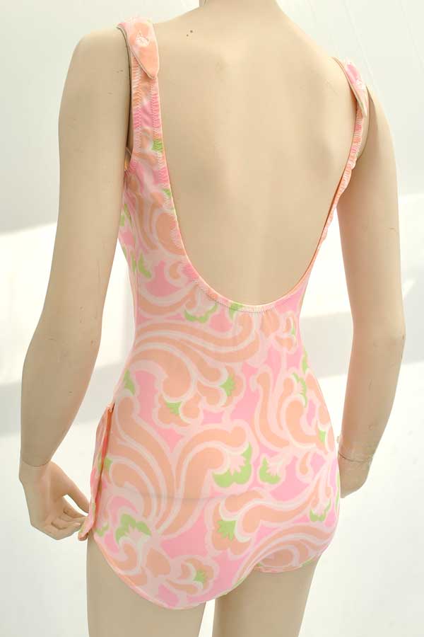 1960s Vintage Pink Psychedelic Skirted Swimsuit • Moulded Bra • 36"B