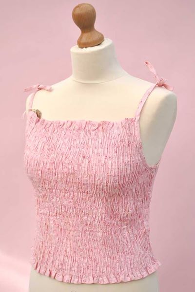 1970s Vintage Pink Strawberry Shirred Summer Top • Strappy