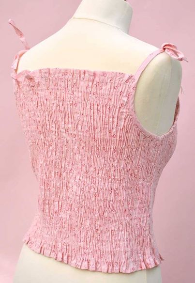 1970s Vintage Pink Strawberry Shirred Summer Top • Strappy