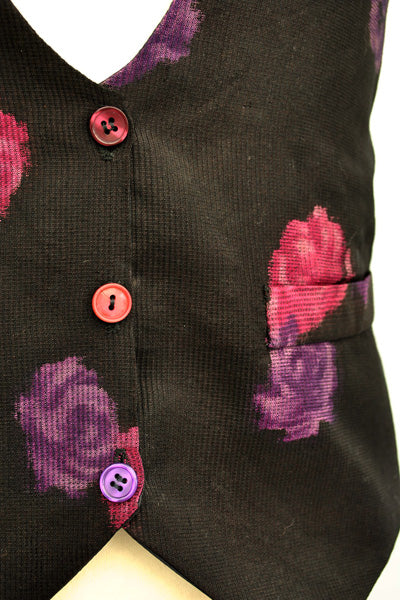 1970s Vintage Waistcoat Black with Pink Flowers 42"