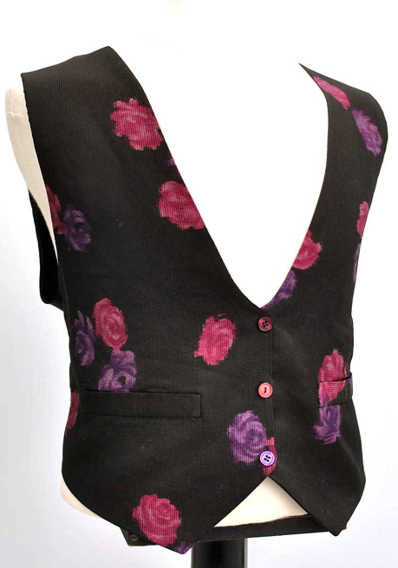 Mens black low front vintage waistcoat with a printed rose pattern