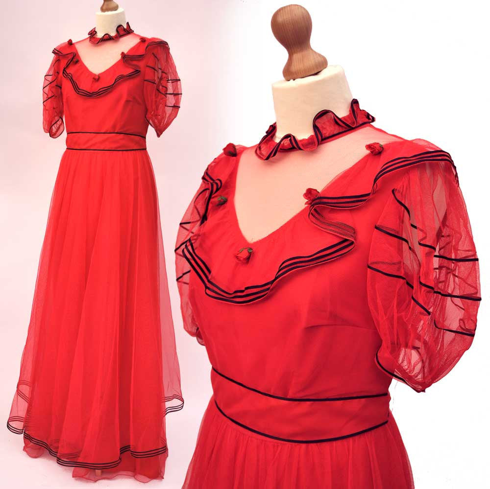 1980s Vintage Red Evening Prom Dress • Ball Gown