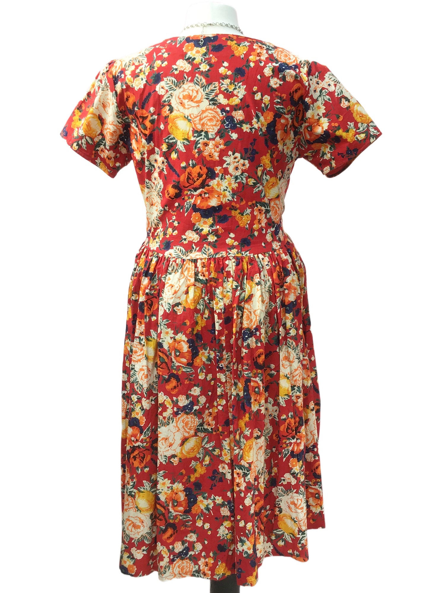 Red Roses Floral Print Retro Summer Dress with Waist Lacing • Size 16