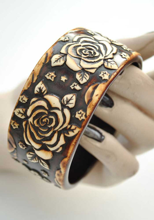 Painted Floral Carved Resin Bangle • Rose Bracelet • Modern