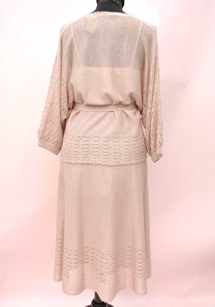 1970s Vintage Shell Pink Silk Knit Set • Knitted Skirt Top Suit