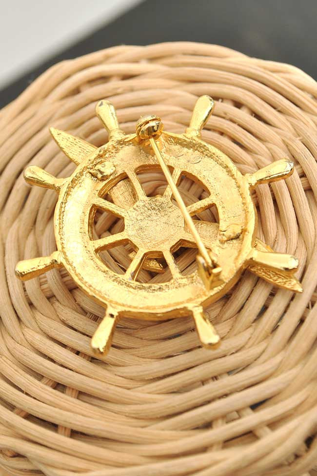 Vintage Nautical Ship's Wheel & Seagull Enamel Brooch