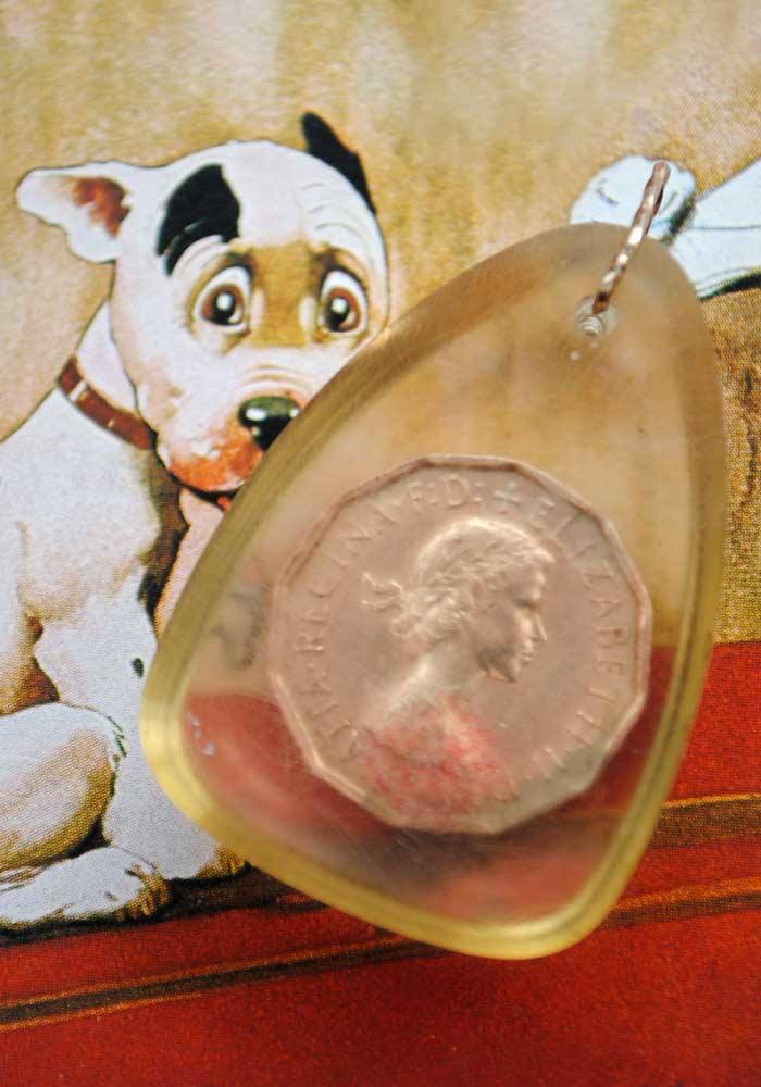 1960s Vintage Resin Three Penny Bit Thruppence Pendant • 1966