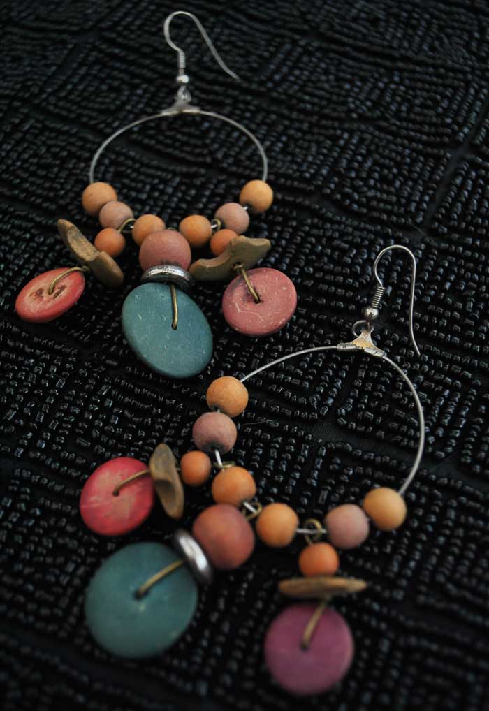 large tiki style vintage hoop earrings with wood beads and tagua nut beads