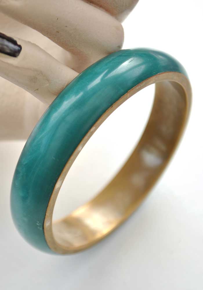 Vintage Turquoise Pearlescent Resin and Brass Bangle • Brass Bracelet