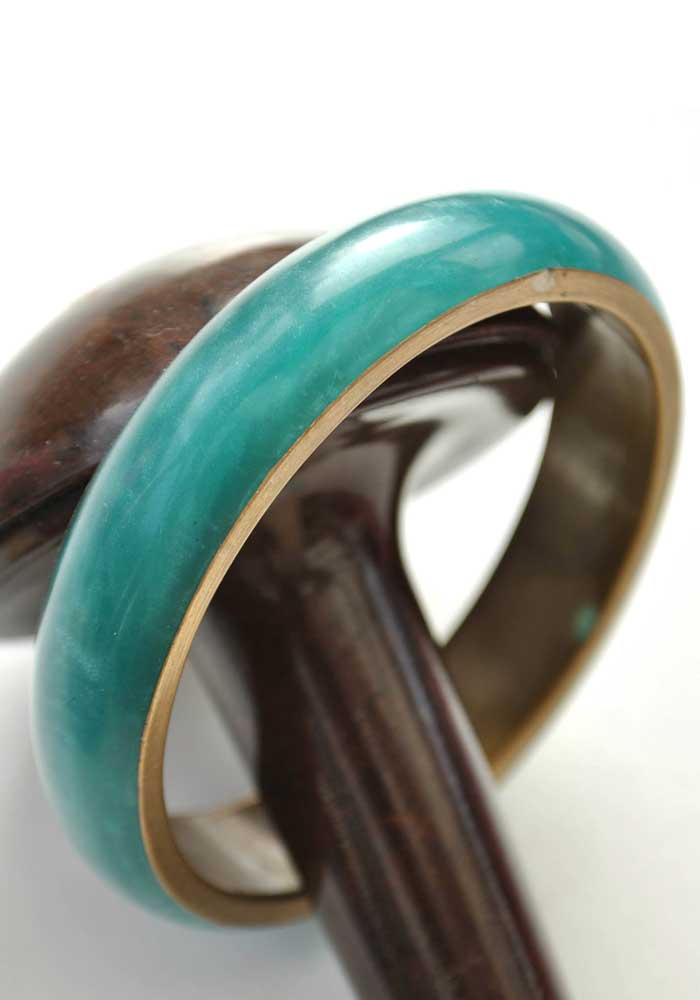Vintage Turquoise Pearlescent Resin and Brass Bangle • Brass Bracelet