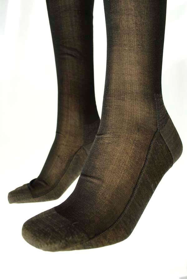 Victorian shaped stockings produced from black silk with woven clocks to the ankle