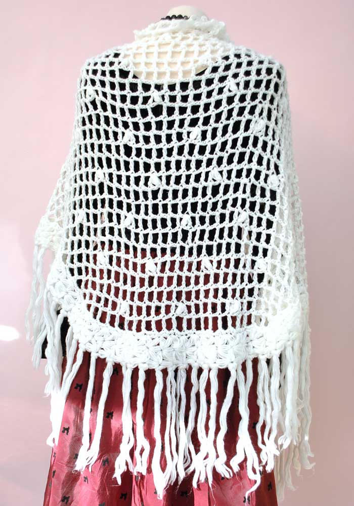 Vtg 1960s White Hand Crochet Shawl