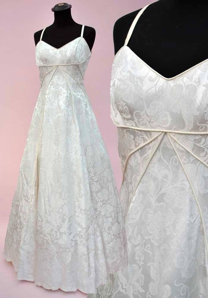 Vintage white damask strapless wedding ball gown, fit and flare with petticoats
