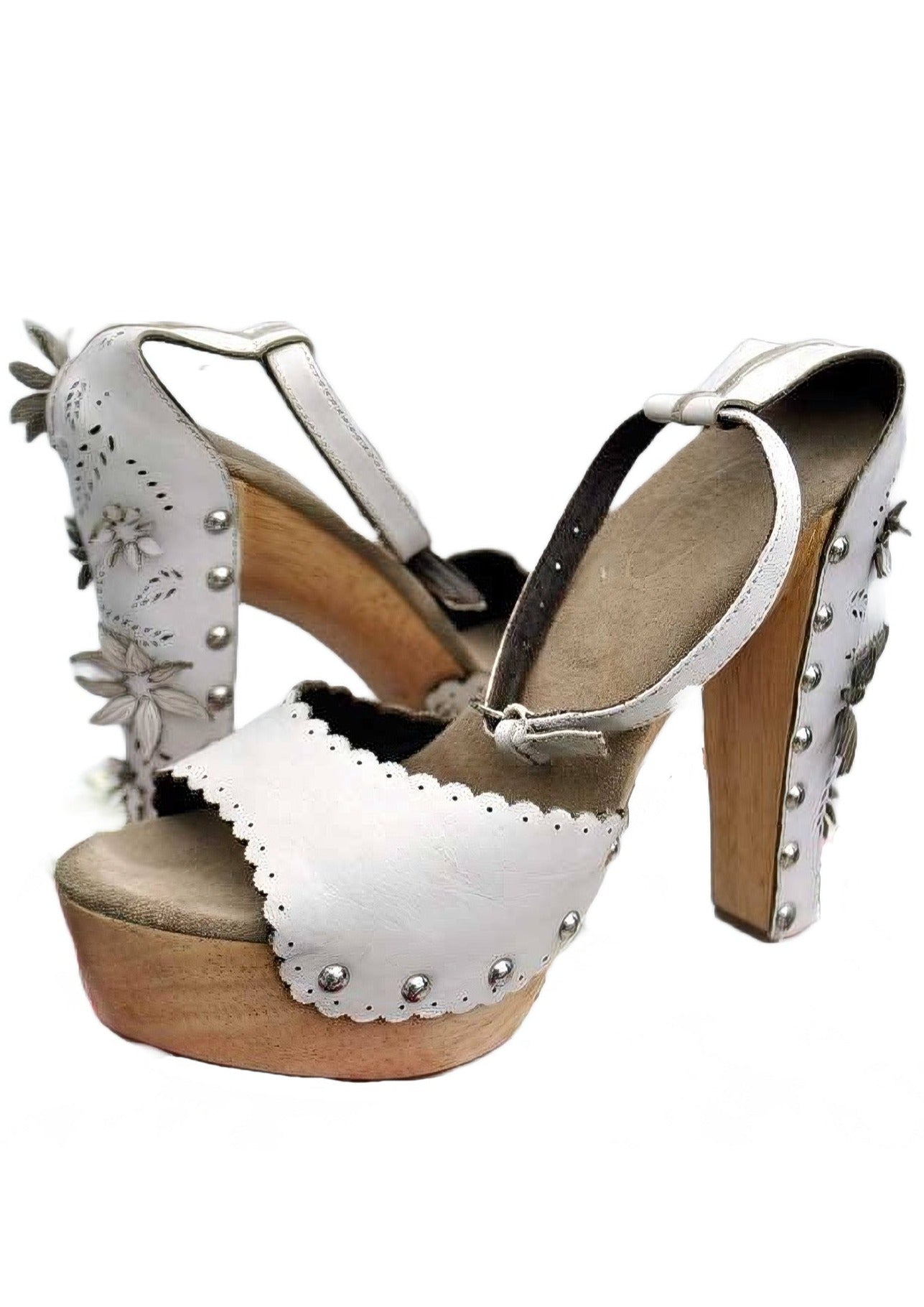 white leather rockabilly, 40s style high heel platform clog sandals
