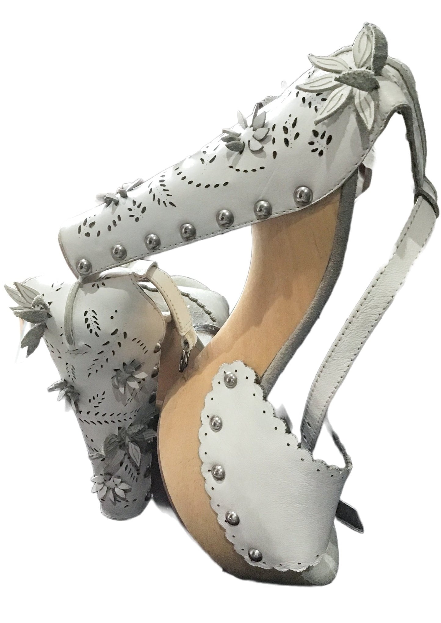 Retro 40s style High Heel Clog White Cutwork Leather Sandals Shoes • size UK5 by Schuh