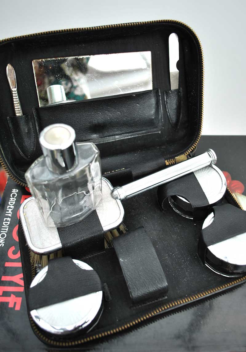 ladis vintage vanity travel kit with glass bottle and jars in a leather case circa 1930s