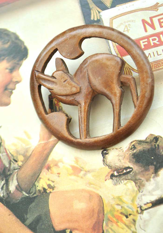 Vintage 1940s Carved Wooden Deer Brooch Pin
