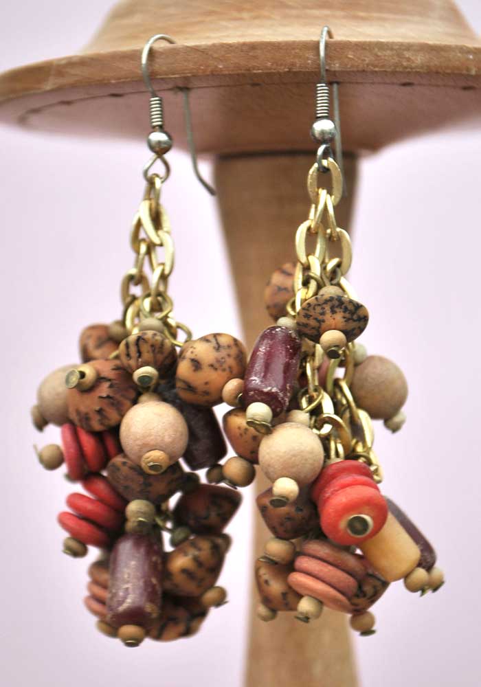 Vintage Wood Bead Seeds Cluster Dangle Earrings • Boho